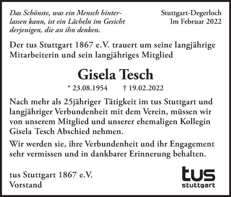  Traueranzeige für Gisela Tesch vom 10.03.2022 aus Stuttgarter Zeitung / Stuttgarter Nachrichten