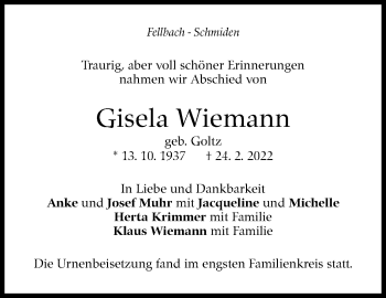 Traueranzeige von Gisela Wiemann von Stuttgarter Zeitung / Stuttgarter Nachrichten