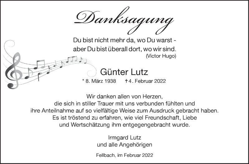  Traueranzeige für Günter Lutz vom 19.03.2022 aus Stuttgarter Zeitung / Stuttgarter Nachrichten
