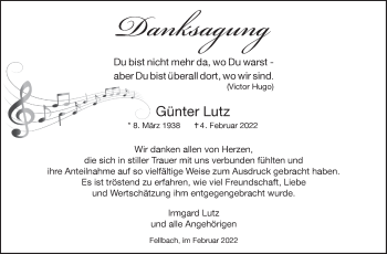 Traueranzeige von Günter Lutz von Stuttgarter Zeitung / Stuttgarter Nachrichten