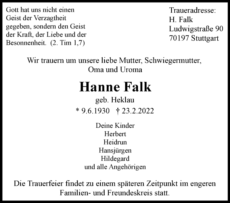  Traueranzeige für Hanne Falk vom 05.03.2022 aus Stuttgarter Zeitung / Stuttgarter Nachrichten