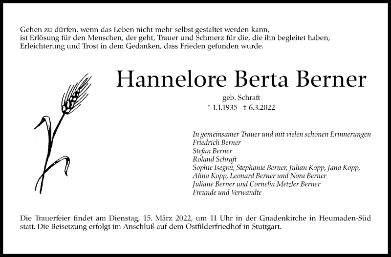  Traueranzeige für Hannelore Berta Berner vom 12.03.2022 aus Stuttgarter Zeitung / Stuttgarter Nachrichten