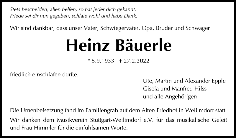  Traueranzeige für Heinz Bäuerle vom 19.03.2022 aus Stuttgarter Zeitung / Stuttgarter Nachrichten