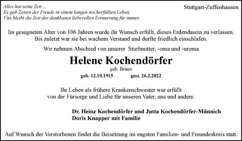  Traueranzeige für Helene Kochendörfer vom 03.03.2022 aus Stuttgarter Zeitung / Stuttgarter Nachrichten