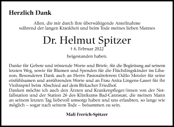 Traueranzeige von Helmut Spitzer von Stuttgarter Zeitung / Stuttgarter Nachrichten