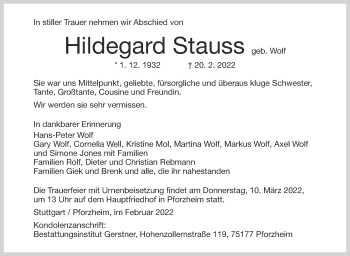 Traueranzeige von Hildegard Stauss von Stuttgarter Zeitung / Stuttgarter Nachrichten