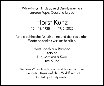 Traueranzeige von Horst Kunz von Stuttgarter Zeitung / Stuttgarter Nachrichten