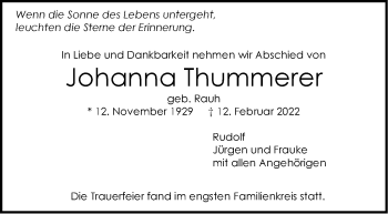 Traueranzeige von Johanna Thummerer von Stuttgarter Zeitung / Stuttgarter Nachrichten