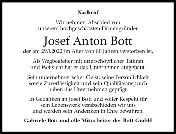 Traueranzeige von Josef Anton Bott von Stuttgarter Zeitung / Stuttgarter Nachrichten