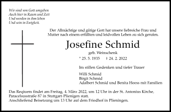 Traueranzeige von Josefine Schmid von Stuttgarter Zeitung / Stuttgarter Nachrichten