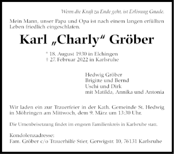 Traueranzeige von Karl Gröber von Stuttgarter Zeitung / Stuttgarter Nachrichten