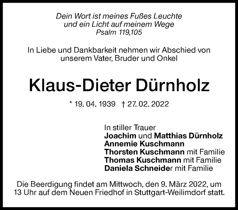  Traueranzeige für Klaus-Dieter Dürnholz vom 04.03.2022 aus Stuttgarter Zeitung / Stuttgarter Nachrichten