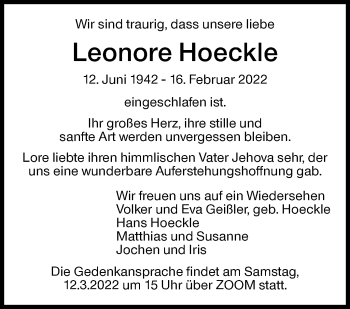 Traueranzeige von Leonore Hoeckle von Stuttgarter Zeitung / Stuttgarter Nachrichten