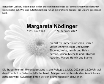 Traueranzeige von Margareta Nödinger von Stuttgarter Zeitung / Stuttgarter Nachrichten