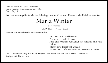 Traueranzeige von Maria Winter von Stuttgarter Zeitung / Stuttgarter Nachrichten