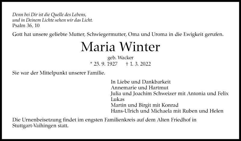  Traueranzeige für Maria Winter vom 05.03.2022 aus Stuttgarter Zeitung / Stuttgarter Nachrichten