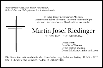 Traueranzeige von Martin Josef Riedinger von Stuttgarter Zeitung / Stuttgarter Nachrichten
