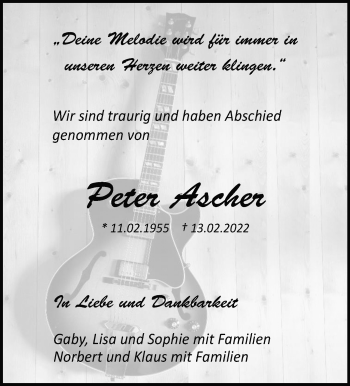 Traueranzeige von Peter Ascher von Stuttgarter Zeitung / Stuttgarter Nachrichten