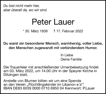 Traueranzeige von Peter Lauer von Stuttgarter Zeitung / Stuttgarter Nachrichten