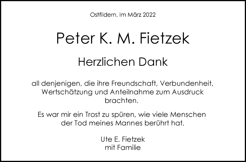  Traueranzeige für Peter K. M. Fietzek vom 12.03.2022 aus Stuttgarter Zeitung / Stuttgarter Nachrichten