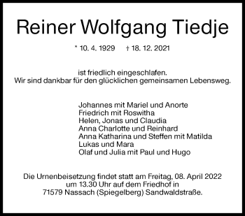 Traueranzeige von Reiner Wolfgang Tiedje von Stuttgarter Zeitung / Stuttgarter Nachrichten
