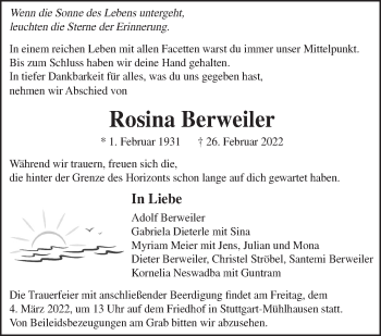 Traueranzeige von Rosina Berweiler von Stuttgarter Zeitung / Stuttgarter Nachrichten