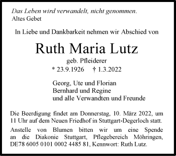 Traueranzeige von Ruth Maria Lutz von Stuttgarter Zeitung / Stuttgarter Nachrichten