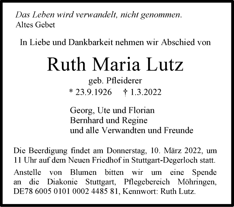  Traueranzeige für Ruth Maria Lutz vom 05.03.2022 aus Stuttgarter Zeitung / Stuttgarter Nachrichten