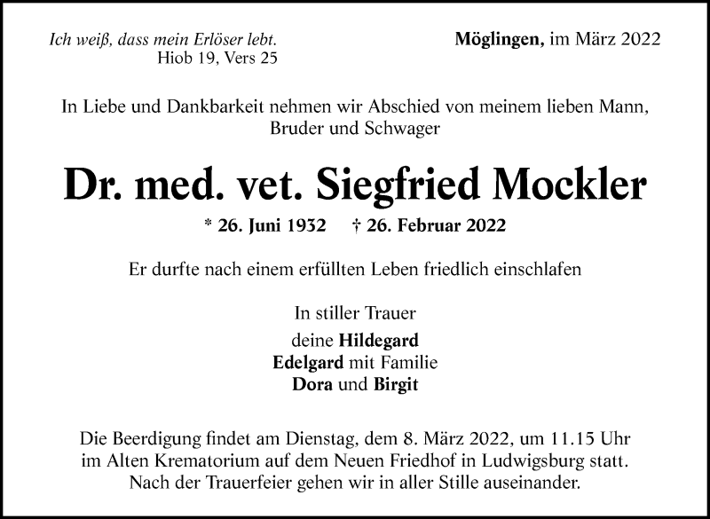  Traueranzeige für Siegfried Mockler vom 05.03.2022 aus Stuttgarter Zeitung / Stuttgarter Nachrichten