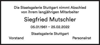 Traueranzeige von Siegfried Mutschler von Stuttgarter Zeitung / Stuttgarter Nachrichten