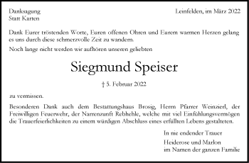 Traueranzeige von Siegmund Speiser von Stuttgarter Zeitung / Stuttgarter Nachrichten