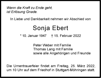 Traueranzeige von Sonja Ebert von Stuttgarter Zeitung / Stuttgarter Nachrichten