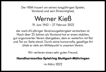 Traueranzeige von Werner Kieß von Stuttgarter Zeitung / Stuttgarter Nachrichten