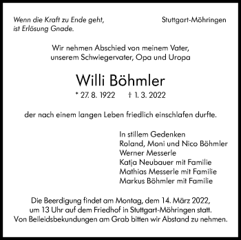Traueranzeige von Willi Böhmler von Stuttgarter Zeitung / Stuttgarter Nachrichten