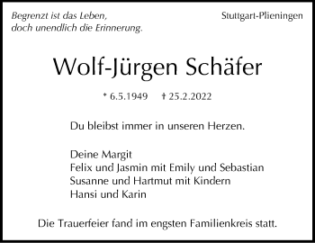 Traueranzeige von Wolf-Jürgen Schäfer von Stuttgarter Zeitung / Stuttgarter Nachrichten