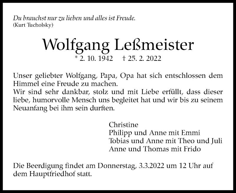  Traueranzeige für Wolfgang Leßmeister vom 01.03.2022 aus Stuttgarter Zeitung / Stuttgarter Nachrichten