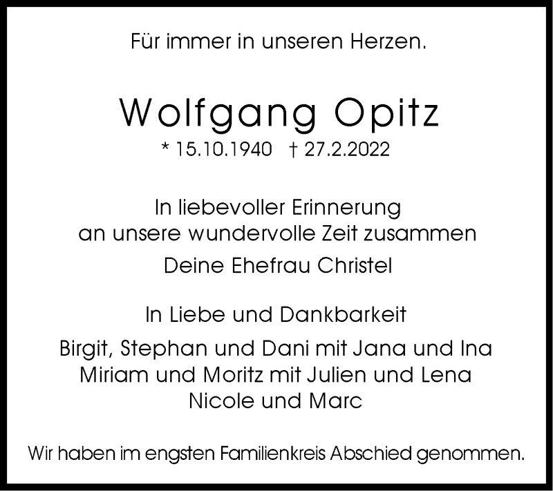  Traueranzeige für Wolfgang Opitz vom 12.03.2022 aus Stuttgarter Zeitung / Stuttgarter Nachrichten