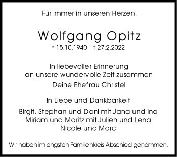 Traueranzeige von Wolfgang Opitz von Stuttgarter Zeitung / Stuttgarter Nachrichten