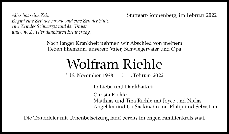  Traueranzeige für Wolfram Riehle vom 05.03.2022 aus Stuttgarter Zeitung / Stuttgarter Nachrichten