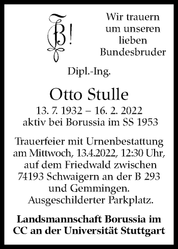 Traueranzeige von Otto Stulle von Stuttgarter Zeitung / Stuttgarter Nachrichten