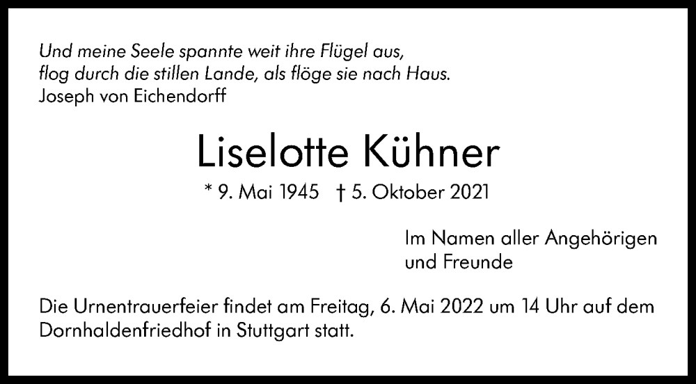  Traueranzeige für Liselotte Kühner vom 05.05.2022 aus Stuttgarter Zeitung / Stuttgarter Nachrichten