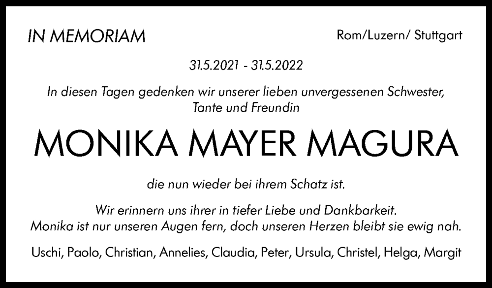  Traueranzeige für Monika Mayer Magura vom 31.05.2022 aus Stuttgarter Zeitung / Stuttgarter Nachrichten