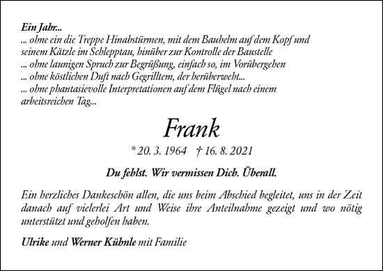 Traueranzeige von Frank Kühnle von Stuttgarter Zeitung / Stuttgarter Nachrichten