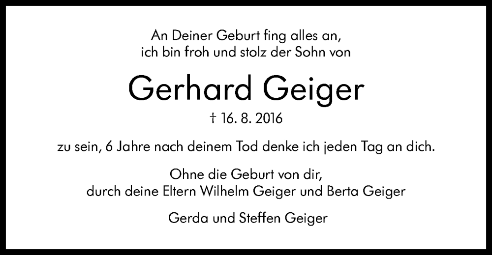  Traueranzeige für Gerhard Geiger vom 16.08.2022 aus Stuttgarter Zeitung / Stuttgarter Nachrichten