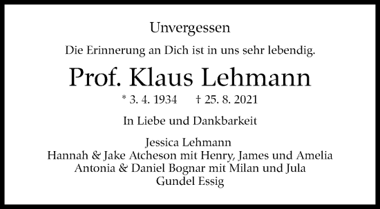 Traueranzeige von Klaus Lehmann von Stuttgarter Zeitung / Stuttgarter Nachrichten