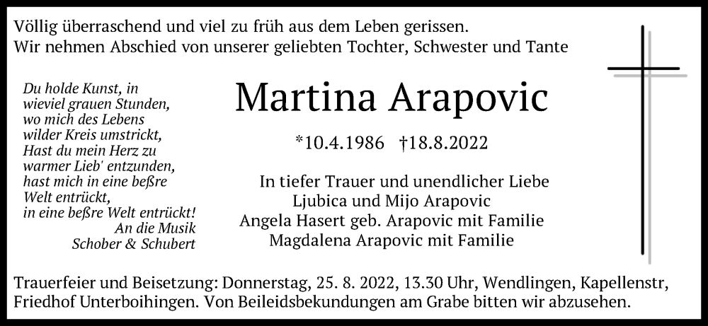  Traueranzeige für Martina  Marta Arapovic vom 24.08.2022 aus Stuttgarter Zeitung / Stuttgarter Nachrichten