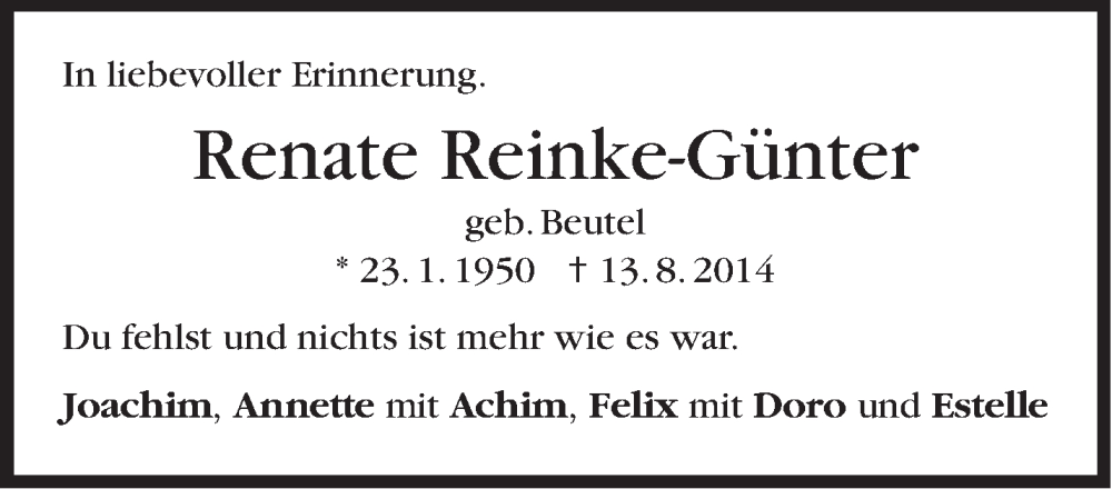  Traueranzeige für Renate Reinke-Günter vom 13.08.2022 aus Stuttgarter Zeitung / Stuttgarter Nachrichten