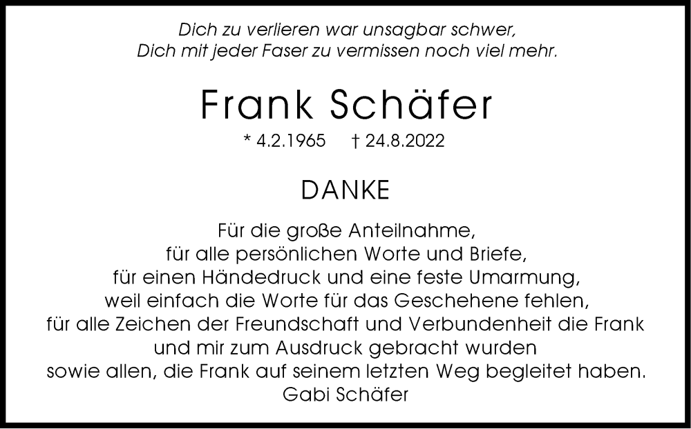  Traueranzeige für Frank Schäfer vom 24.09.2022 aus Stuttgarter Zeitung / Stuttgarter Nachrichten