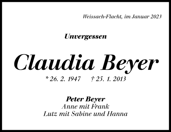 Traueranzeige von Claudia Beyer von Stuttgarter Zeitung / Stuttgarter Nachrichten