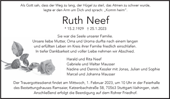 Traueranzeige von Ruth Neef von Stuttgarter Zeitung / Stuttgarter Nachrichten